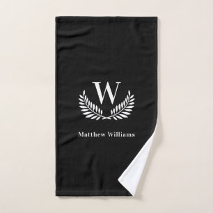 Black white laurel wreath name monogram bath towel set