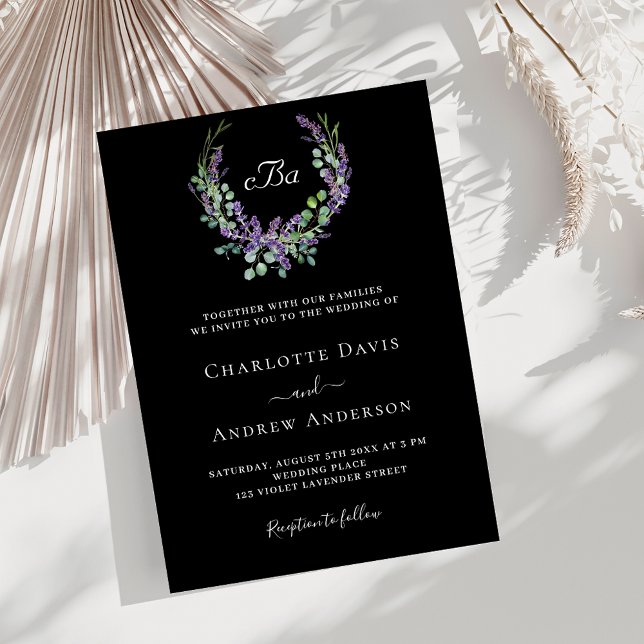 Black white lavender violet florals wedding invitation (Creator Uploaded)