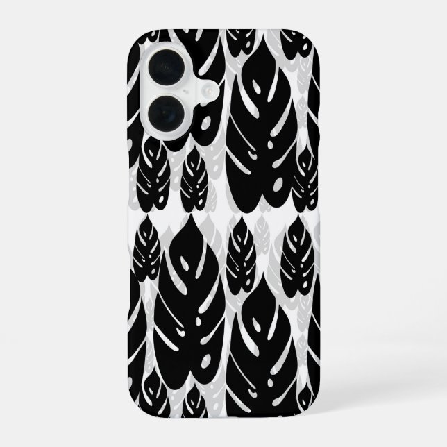 Black White Leaf Design iPhone 16 Case (Back)