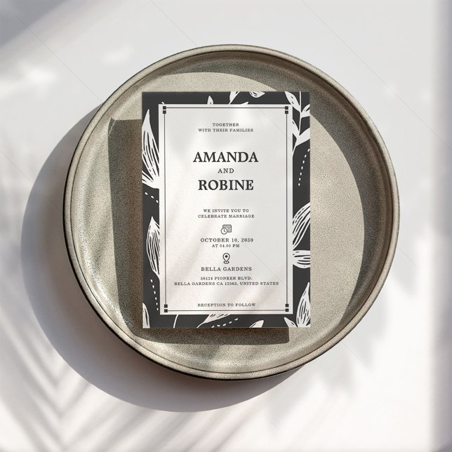 Black & White Leaf Modern Wedding Invitation (Creator Uploaded)