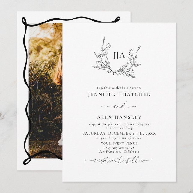 Black White Leaf | Monogram Photo Wedding Invitation (Front/Back)