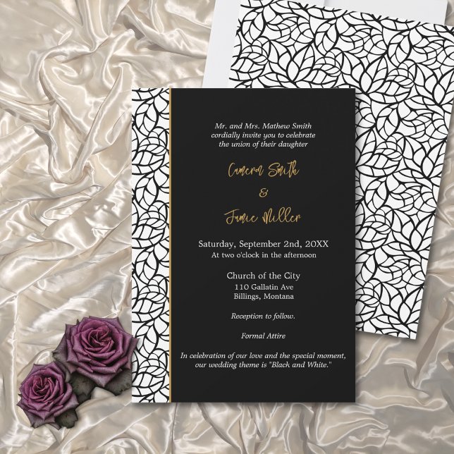 Black & White Leaf Pattern Border Wedding Invitation (Black & White Leaf Pattern Border Wedding Invitation)
