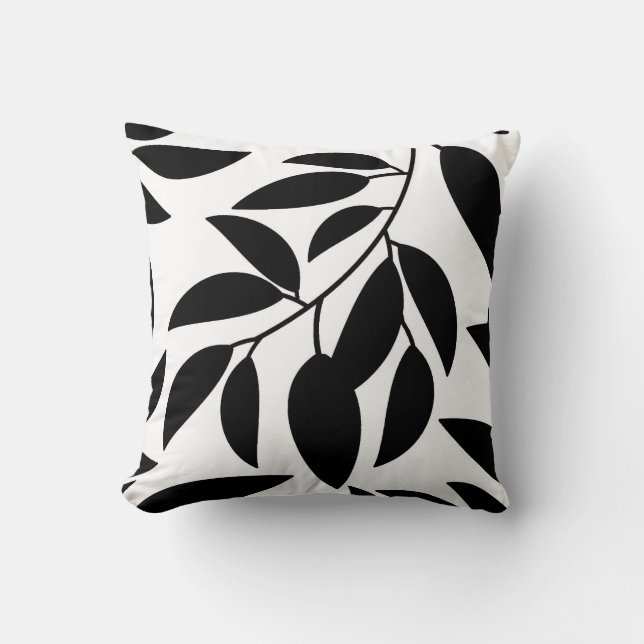 Black White Leaf Silhouette Throw Pillow (Front)