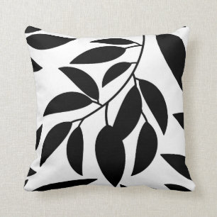 Black White Leaf Silhouette Throw Pillow