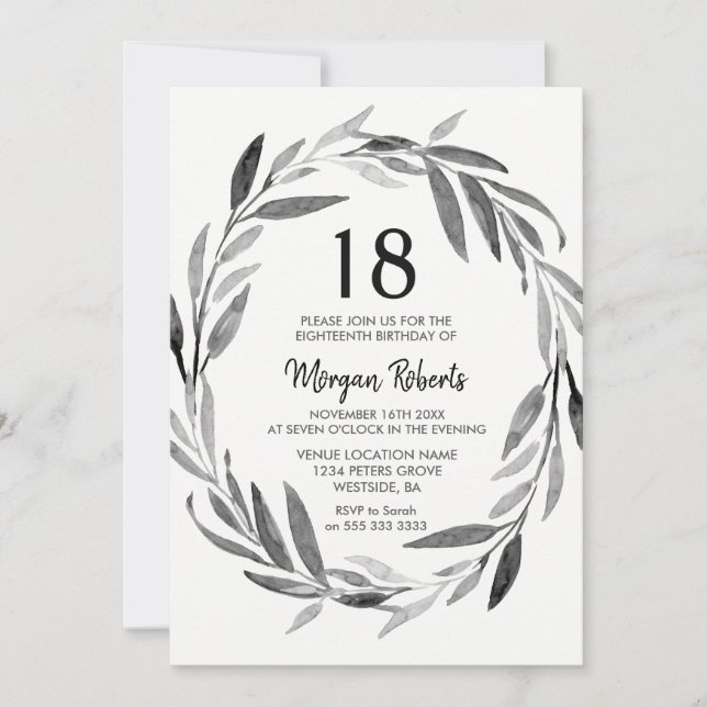Black & White Leaf Wreath 18th Birthday Invite (Front)
