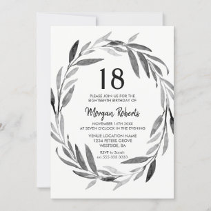Black & White Leaf Wreath 18th Birthday Invite