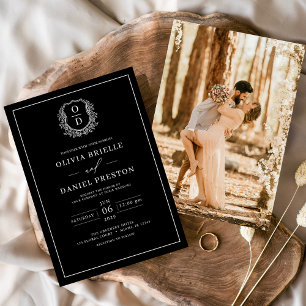 Black White Leafy Crest Monogram Photo Wedding Invitation