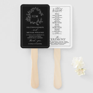 Black White Leafy Crest Monogram Wedding Program Hand Fan