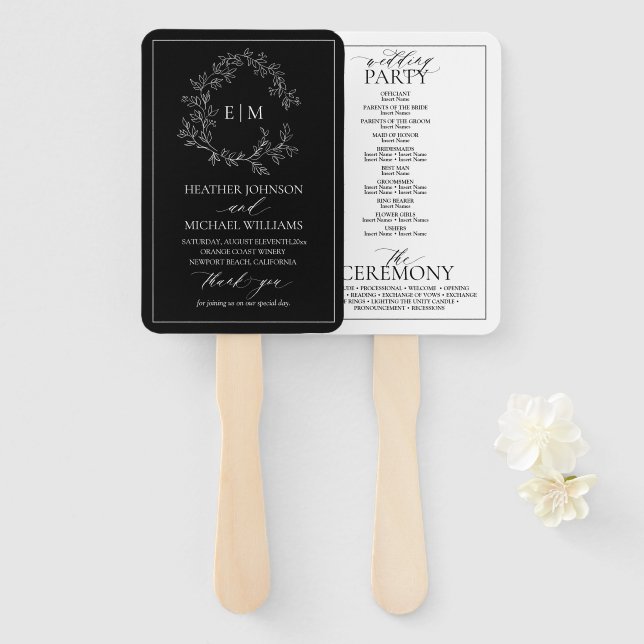Black White Leafy Crest Monogram Wedding Program Hand Fan (Front and Back)