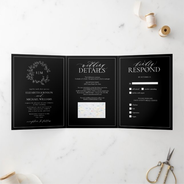 Black White Leafy Crest Monogram Wedding Tri-Fold Invitation (Inside)