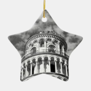 Black White Leaning Tower of Pisa Italy Ceramic Tree Decoration