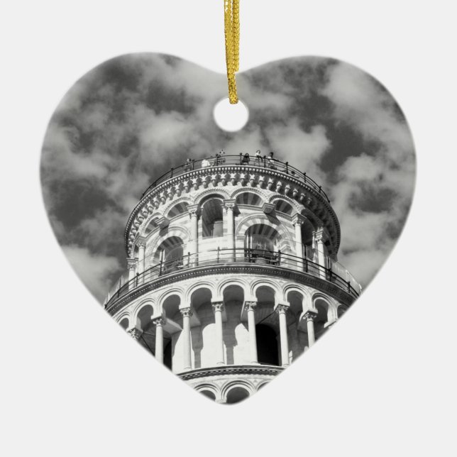 Black White Leaning Tower of Pisa Italy Ceramic Tree Decoration (Front)