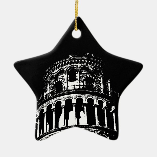 Black White Leaning Tower of Pisa Italy Ceramic Tree Decoration (Front)