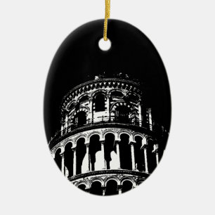 Black White Leaning Tower of Pisa Italy Ceramic Tree Decoration