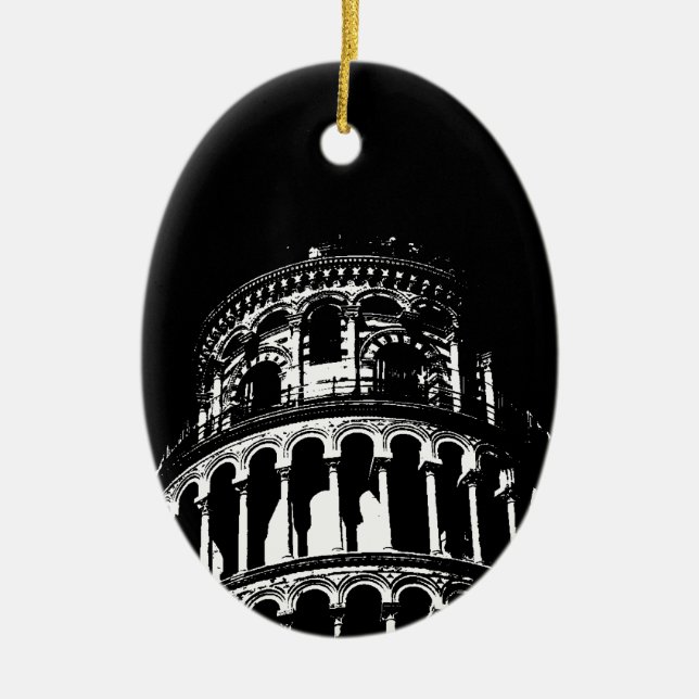 Black White Leaning Tower of Pisa Italy Ceramic Tree Decoration (Front)
