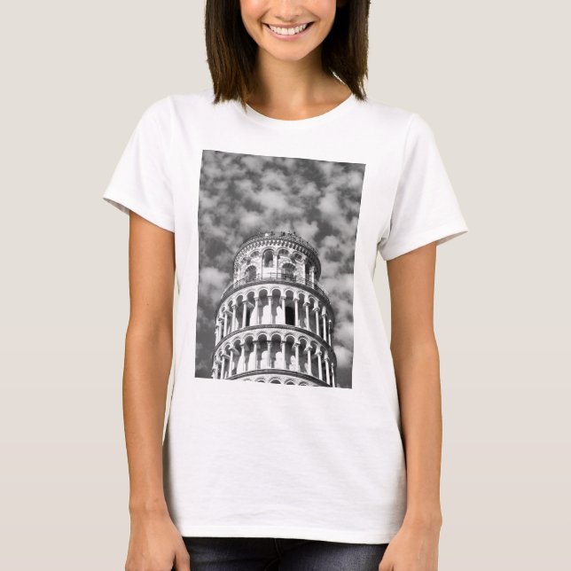 Black White Leaning Tower of Pisa Italy T-Shirt (Front)