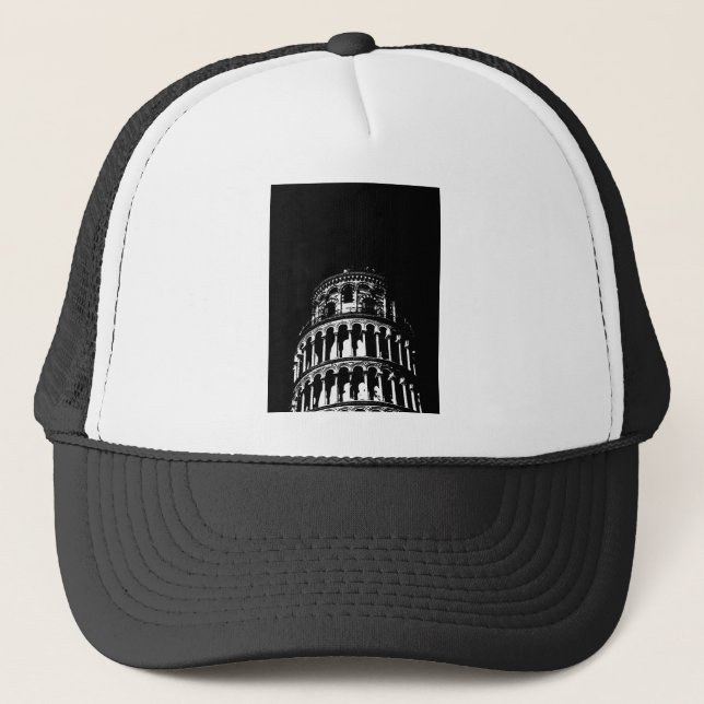 Black White Leaning Tower of Pisa Italy Trucker Hat (Front)