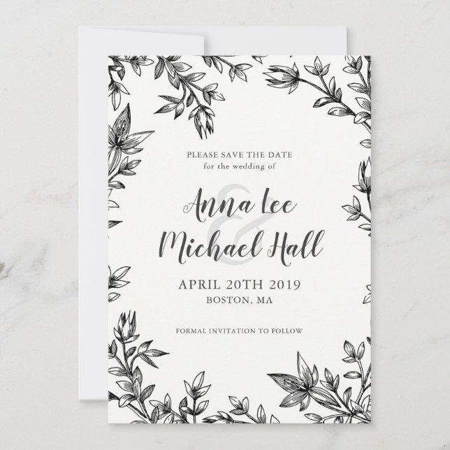 Black & White Leaves Custom Wedding Save the Date (Front)