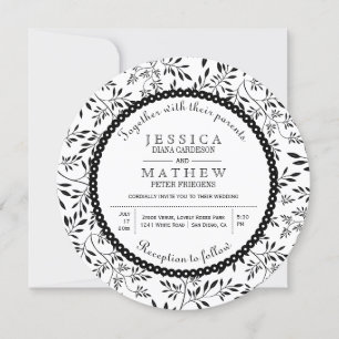 Black white leaves pattern modern floral wedding invitation