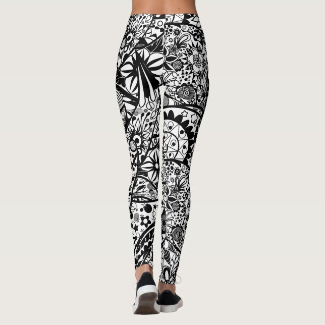 Black White Leggings Spring Floral (Back)