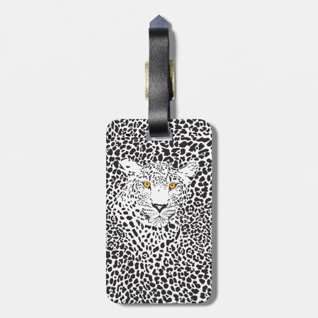 Black & White Leopard Camouflaged Luggage Tag (Back Vertical)