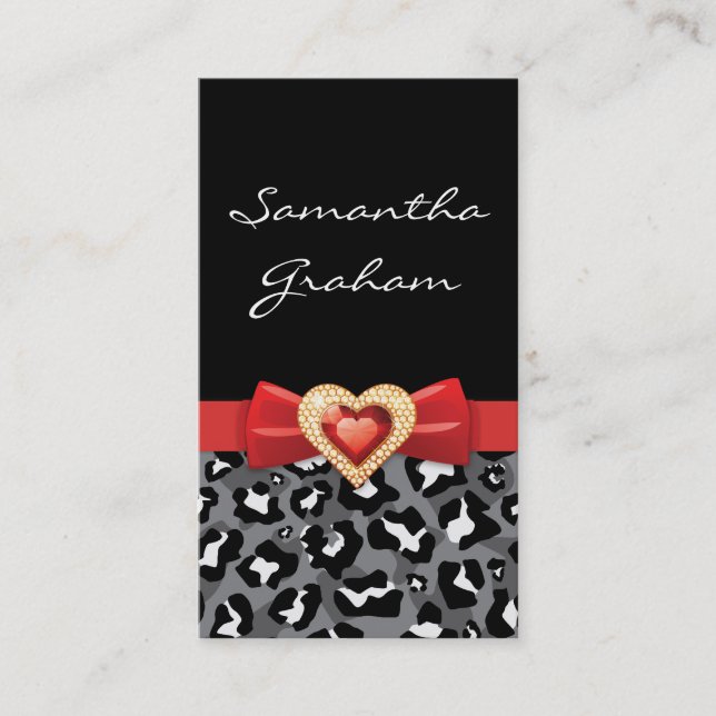 Black white leopard print with red bow & jewel business card (Front)