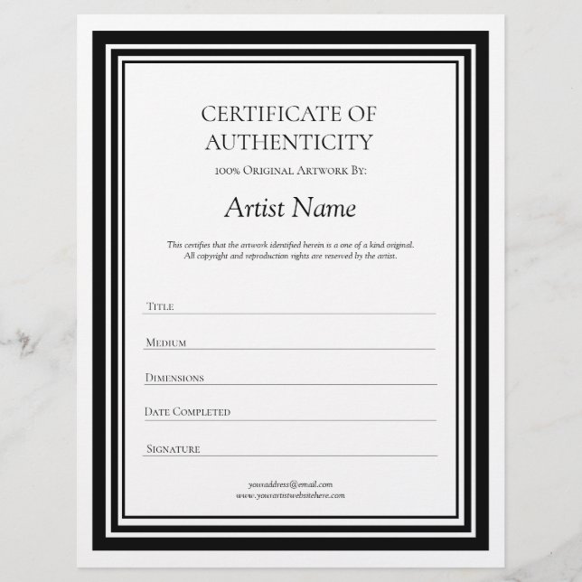 Black & White Letter Certificate of Authenticity  Custom Letterhead (Front)
