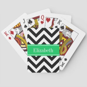 Black White LG Chevron Emerald Name Monogram Playing Cards