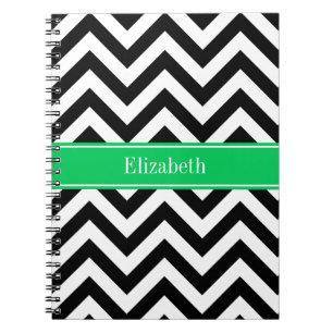 Black White LG Chevron Emerald Name Monogram Spiral Notebook