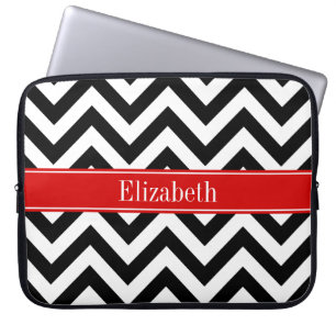 Black White LG Chevron Red Name Monogram Laptop Sleeve