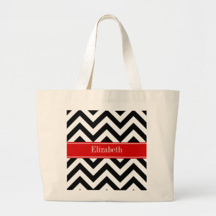 Black White LG Chevron Red Name Monogram Large Tote Bag