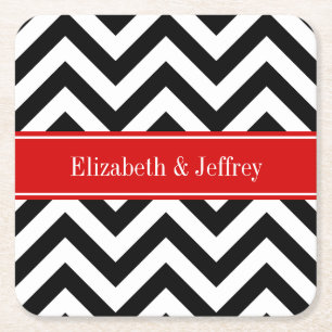 Black White LG Chevron Red Name Monogram Square Paper Coaster