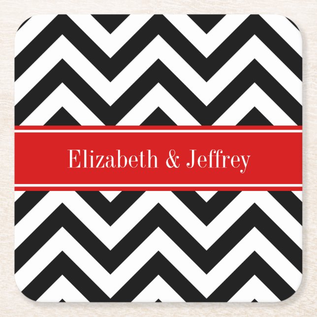 Black White LG Chevron Red Name Monogram Square Paper Coaster (Front)