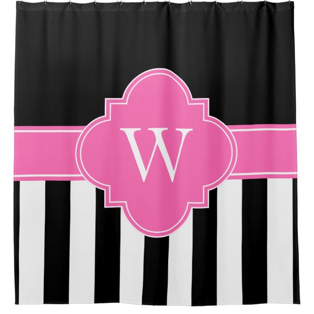 Black White LG Stripe 1ICBR Hot Pink Monogram Shower Curtain (Front)