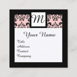 BLACK WHITE LIGHT PINK DAMASK SQUARE MONOGRAM BUSINESS CARD