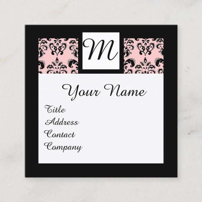 BLACK WHITE LIGHT PINK DAMASK SQUARE MONOGRAM SQUARE BUSINESS CARD (Front)