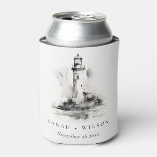 Black & White Lighthouse Nautical Sketch Wedding Can Cooler