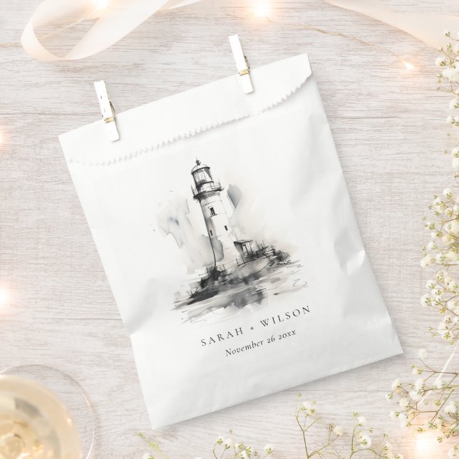 Black & White Lighthouse Nautical Sketch Wedding Favour Bags (Clipped)