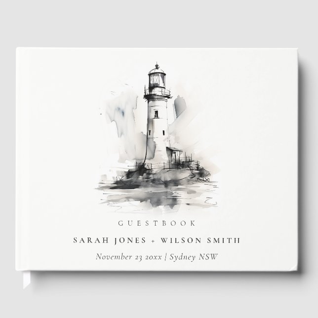 Black & White Lighthouse Nautical Sketch Wedding Guest Book (Front)