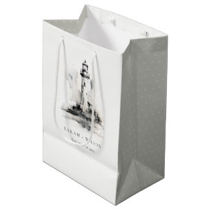 Black & White Lighthouse Nautical Sketch Wedding Medium Gift Bag