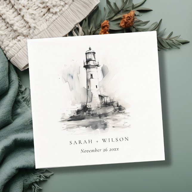 Black & White Lighthouse Nautical Sketch Wedding Napkin (Creator Uploaded)