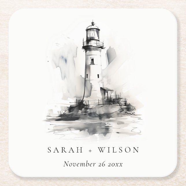 Black & White Lighthouse Nautical Sketch Wedding Square Paper Coaster (Front)