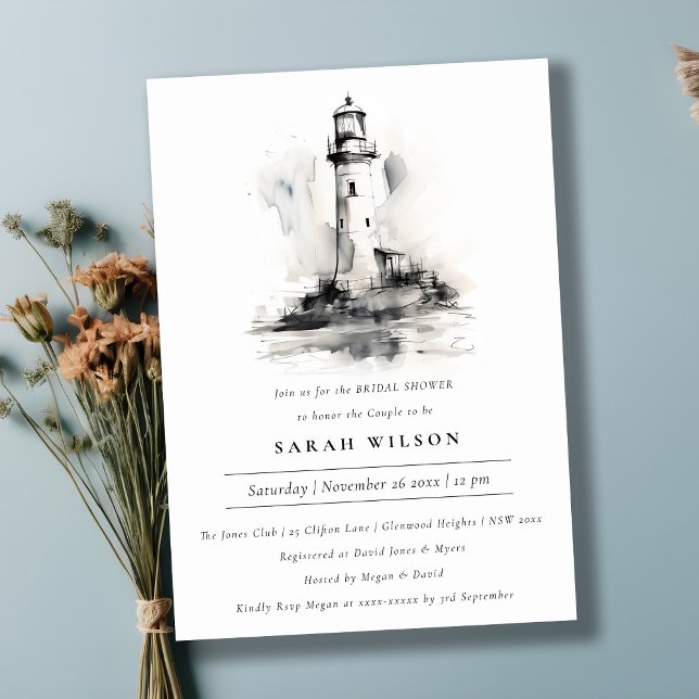 Black & White Lighthouse Sketch Bridal Shower Invitation (Creator Uploaded)