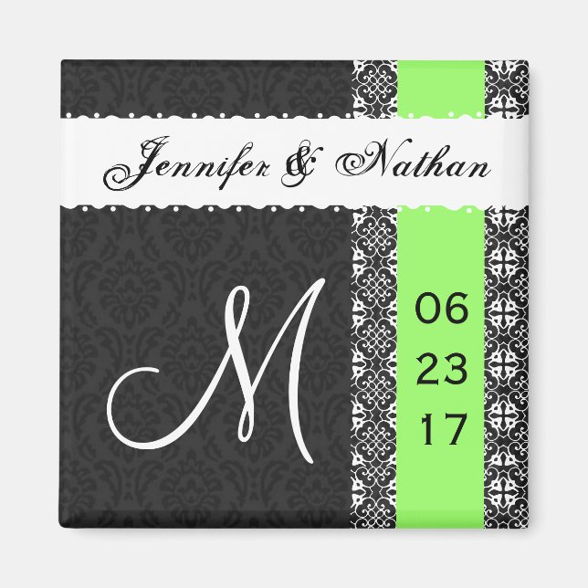 Black White Lime Green Damask Lace Wedding Magnet (Front)