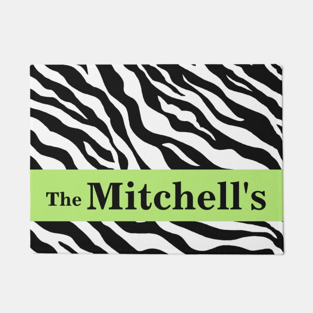 Black White Lime Green Zebra Skin Name Personalise Doormat (Front)