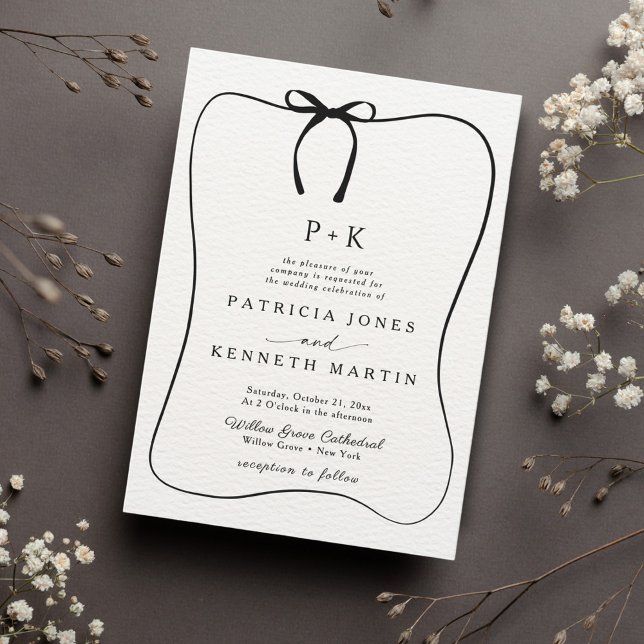Black & White Line Art Bow Frame Monogram Wedding Invitation (Creator Uploaded)