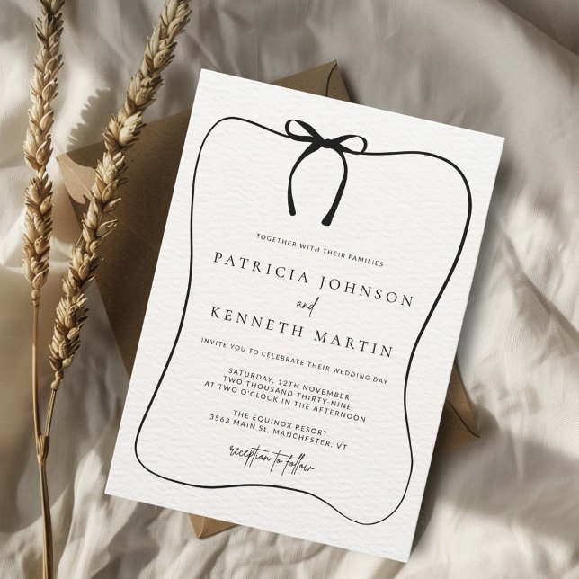 Black & White Line Art Bow Frame Textured Wedding Invitation (Creator Uploaded)