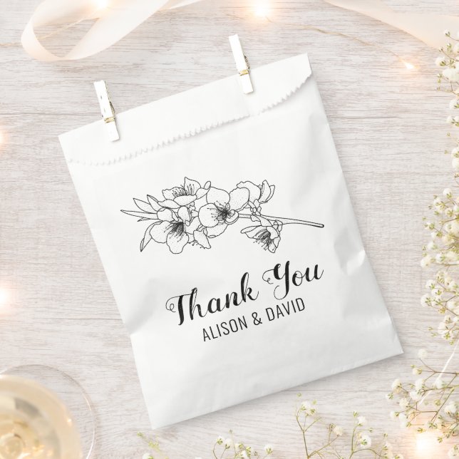 Black white line art branch with blossoms favour bags (Clipped)