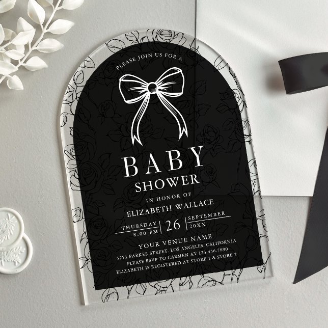 Black White Line Art Coquette Bow Baby Shower Acrylic Invitations (Creator Uploaded)