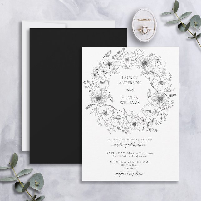 Black White Line Art Floral Wreath Wedding Invitation (Creator Uploaded)